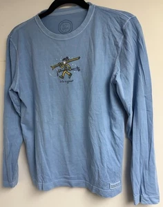 BRAND NEW LIFE IS GOOD SKIING LONG SLEEVE SHIRT WOMENS SIZE S BLUE SKI POLES - Picture 1 of 4