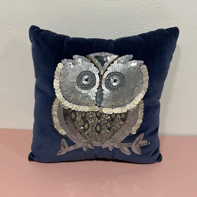 Pier 1 Imports Deep Blue Velvet Sequins Beaded Owl Accent Pillow Jewel Tone - Image 1 of 4