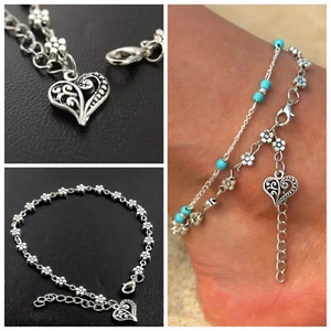 Anklet Flower and Heart 925 Sterling Silver plated Foot Chain Boho Beach Beads - Picture 1 of 5