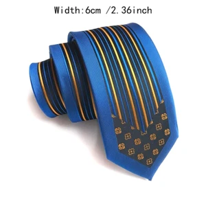 New Striped Blue Gold Silk Skinny Slim Men's Necktie Tie 6cm/2.36inch - Picture 1 of 1
