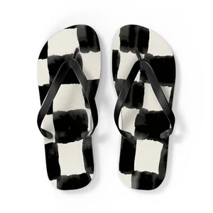 Checkered Black And White Sandals, Beach Shoes, Vacation Flip Flops, Pool Slides - Picture 1 of 13