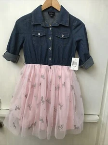 Lilt Girls Denim Pink Glitter Unicorn Tulle Dress no belt Size M (10/12) NWT - Picture 1 of 4