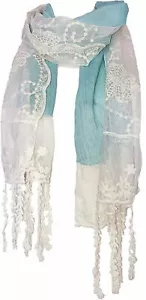 Pamper Yourself Now Light Blue with Cream Flower lace Trim with Tassel Scarf - Picture 1 of 5