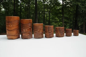 7 Vintage Graduated sizes Hawaiian Tiki Mug Genuine Monkey Pod - Picture 1 of 12