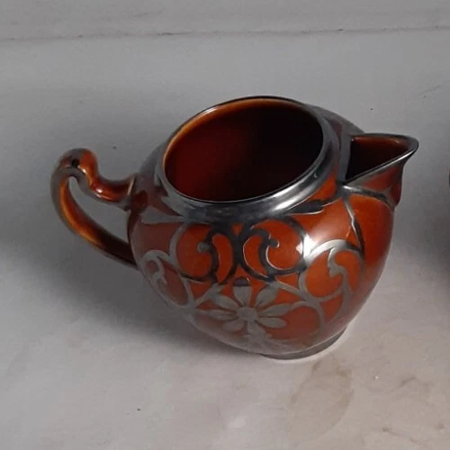 LENOX Brown Pottery Sterling Silver Overlay creamer 31/2"  - Image 1 of 4
