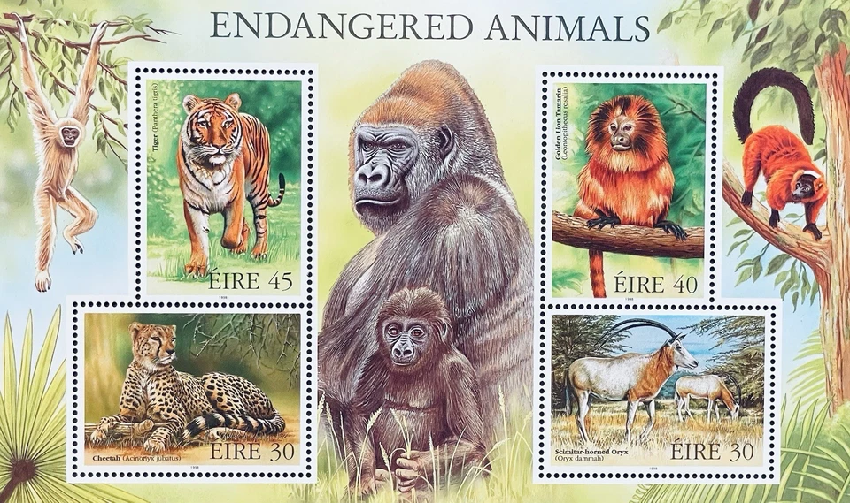 HOJA DE SELLO DE ANIMALES EN PELIGRO DE EXTINCIÓN DE GIBRALTAR MNH 1998 GUEPARDO TIGRE GORILA MONO 1 Foto 1 de 1