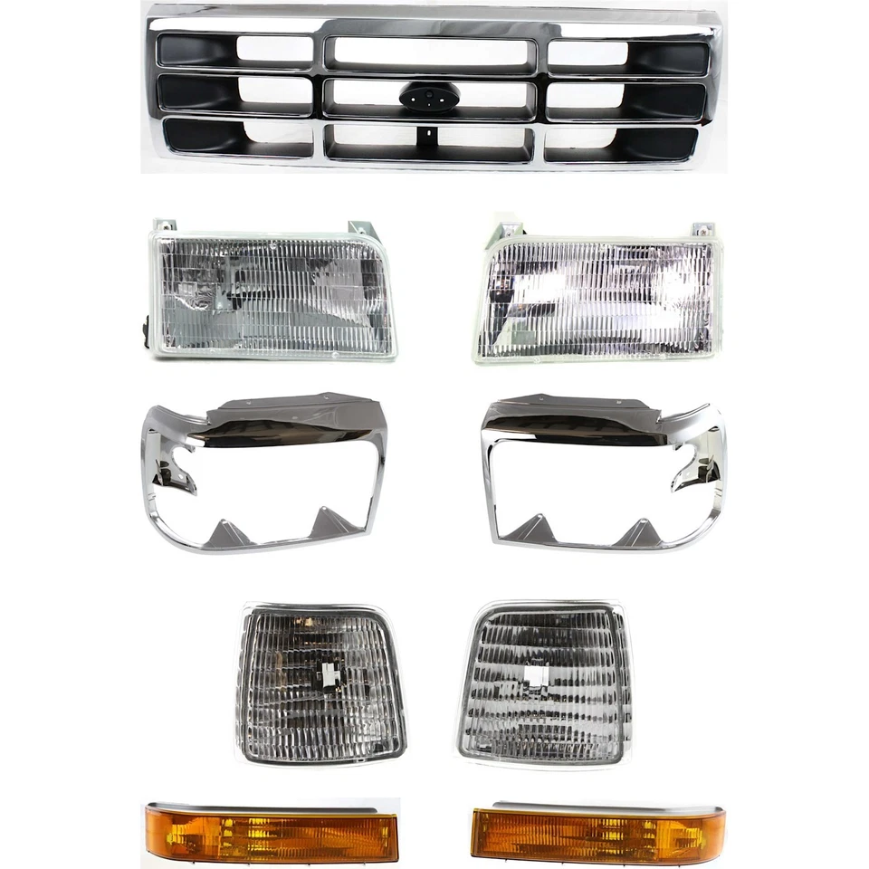 Grille Assembly Headlight Kit For 1992-1996 Ford F-150 Bronco with Corner Light - Image 1 of 4