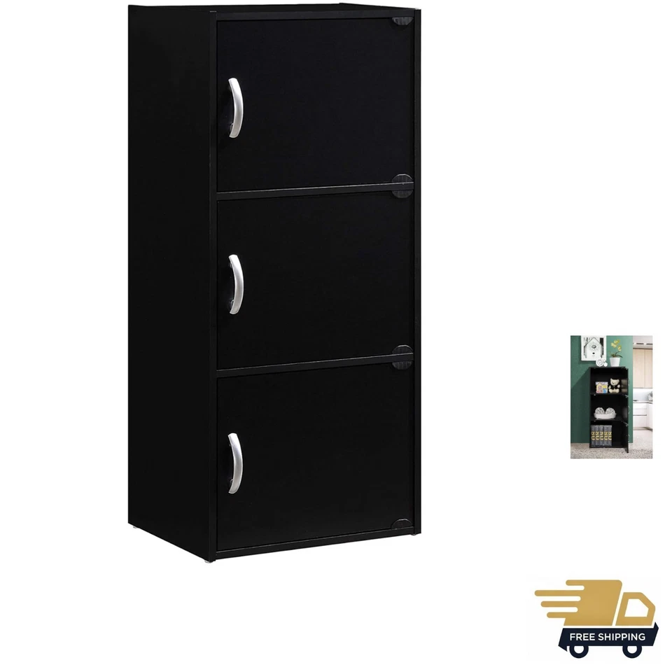 HODEDAH IMPORT 3-Shelf Bookcase Cabinet Black