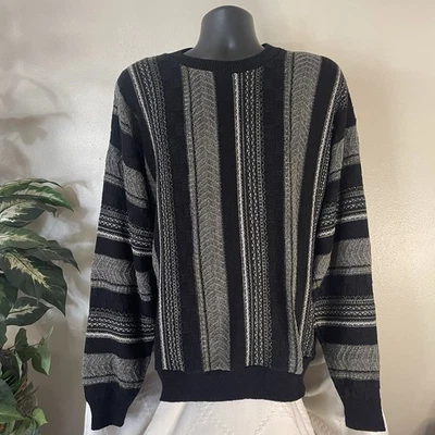 复古 90 年代纹理针织毛衣 - XL 美国制造黑色和灰色条纹 Bacharach 复古 — 第 1/4 张图片