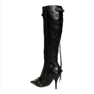 Womens Faux Leather Pull On High Heels Pointed Toe Rivet Fashion Knee High Boots