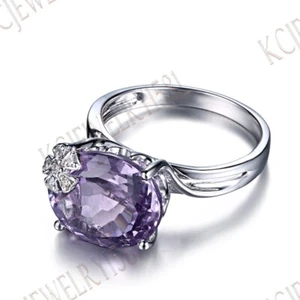 Oval Genuine Amethyst Solid 10K White Gold Engagement Wedding Party Fine Ring - Picture 1 of 9