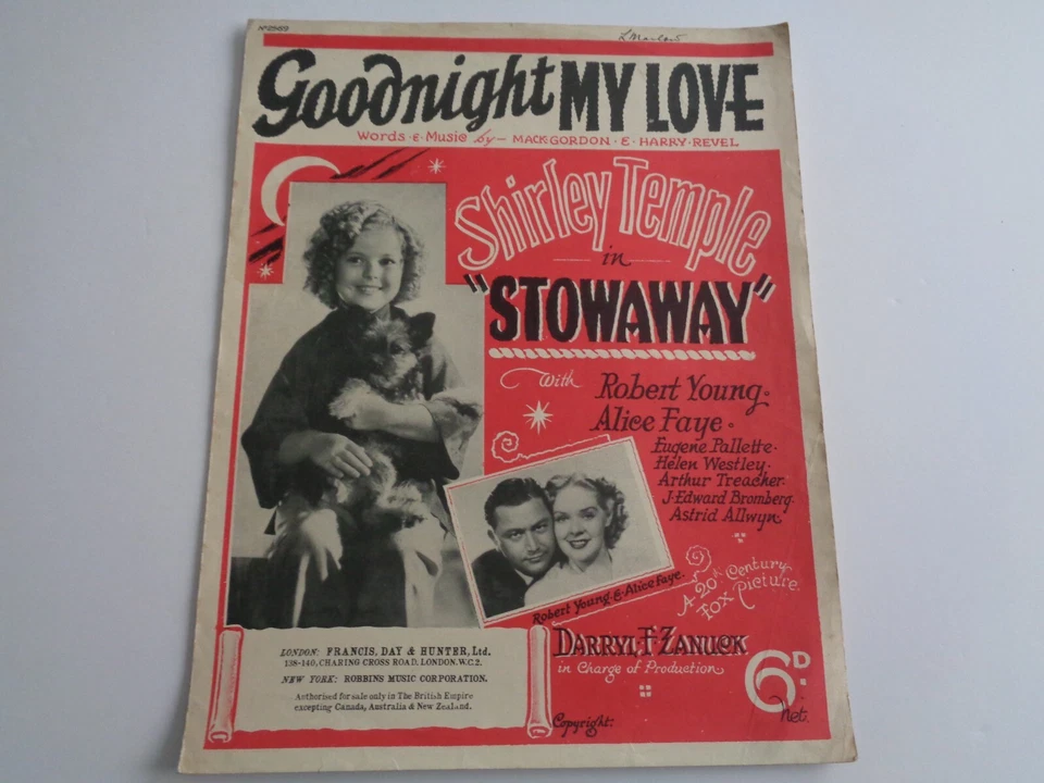 SHEET MUSIC - GOODNIGHT MY LOVE - FROM "STOWAWAY" - SHIRLEY TEMPLE - 1936 - Image 1 of 1
