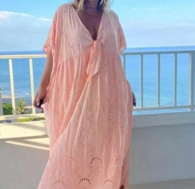Young, Fabulous, & Broke Swim Peach Pink Eyelit Cover Up Oversized Dress sz M - Image 1 of 4