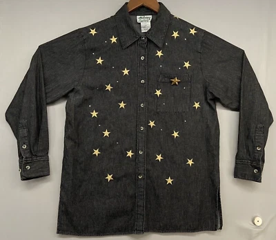 Camisa De Colección Quacker Factory Denim Botón M-Negro-Bordada Estrellas Doradas Texas 4to Foto 1 de 4