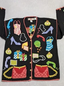 Vintage Strickjacke Large Bay Handstrick Pullover Shopping Stiletto Perlenmotiv - Bild 1 von 7