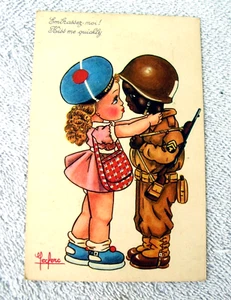 Postal francesa de la Segunda Guerra Mundial soldado patriótico del ejército, artista firmado, bésame rápidamente - Imagen 1 de 7
