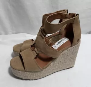 Lucky Brand Women Sandal Platform Wedge 9.5M Espadrille Leather Shoes Beige $109 - Picture 1 of 12