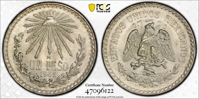 Peso de plata México 1945 M graduación profesional MS65 gema brillante brillante 2419 Foto 1 de 4