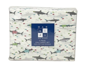 MAX STUDIO FULL 4 PC Soft Cotton Percale Great White Sharks & Fish Sheet Set NEW - Picture 1 of 2