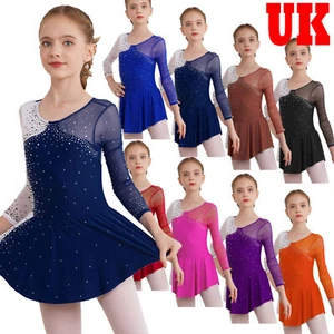 UK Kids Girls Long Sleeve Figure Ice Skating Dress Ballet Dance Leotards Costume - Picture 1 of 76