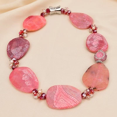 22'' Natural Rose Agate Big Chunky Slice Red Crystal Pink Pearl Necklace - Image 1 of 4