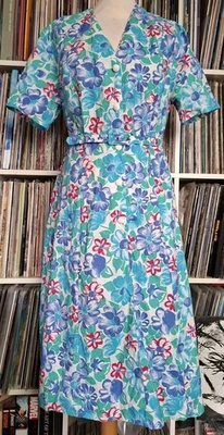 CINTURÓN DE VESTIR FLORAL VINTAGE AÑOS 70/80 DEANES 100% ALGODÓN BLANCO/VERDE AZUL ROSA 8-10 Foto 1 de 4