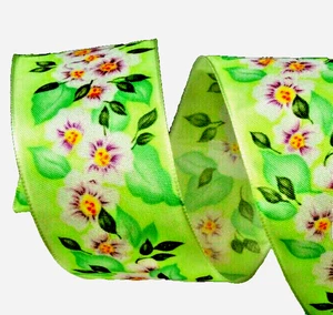 Lavender Floral 1.5" x 2 yd Green Satin Wired Ribbon Watercolor Blossoms Spring - Picture 1 of 3