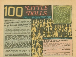 Anuncio publicitario de 100 Little Dolls Dept 61 pedido por correo multicolor vintage años 70 - Imagen 1 de 2