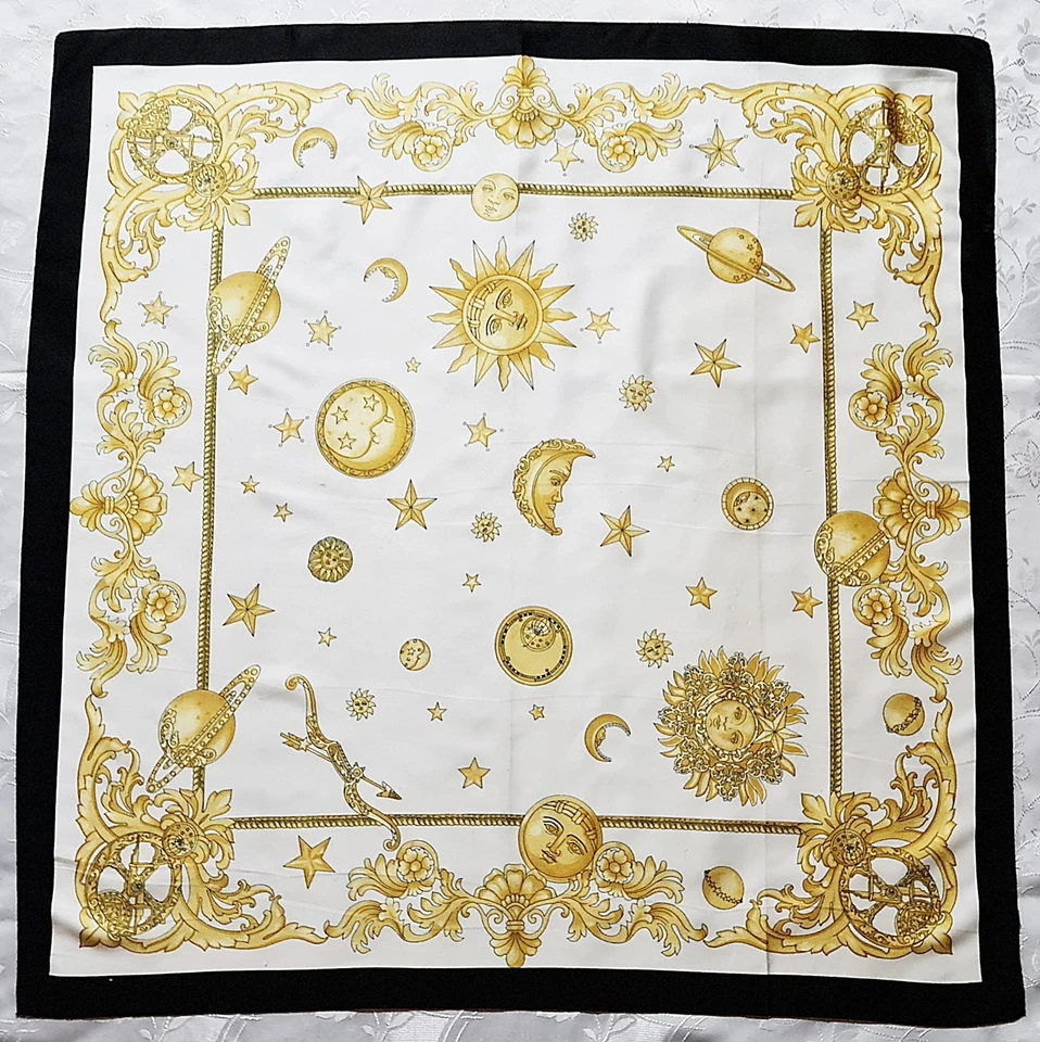 BUFANDA VINTAGE AUTÉNTICA ASTROLOGÍA ARTE ZODIACO NEGRO AMARILLO BLANCO 35" CUADRADA Foto 1 de 4