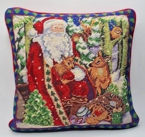 Needlepoint Pillow Santa Claus Christmas Reindeer Toys Red Back Zipper 14 Square - Picture 1 of 3