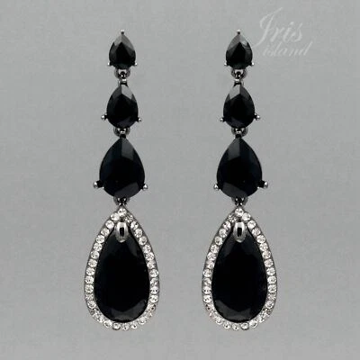 Women Black Jet Crystal Rhinestone Teardrop Tassel Drop Dangle Earrings 06609 - Image 1 of 4