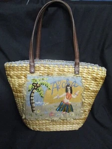 Q&A Hawaii Hula Girl Aloha Straw Beige Beach Woven Small Tote Purse  DBL Handles - Picture 1 of 6