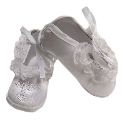 Elegant Kids Baby Girl Satin Christening White Lace Cross Baptism Shoes, 0-6 Mo - Image 1 of 4