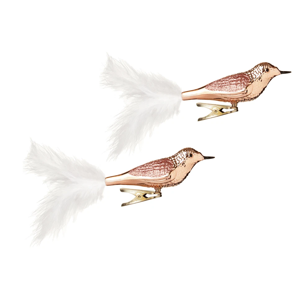 Metallic Birds & Feather Tail - Clip On Christmas Decoration - 2 Pack- Rose Gold - Image 1 of 1