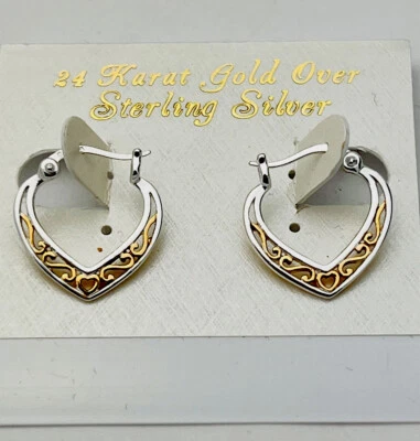 DaneCraft 2 Tone 24 KT Gold Over 925 Sterling Silver Filigree Hoop Earrings - Image 1 of 3