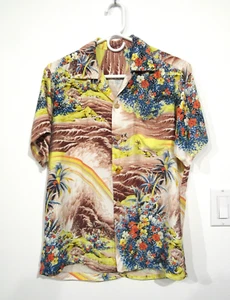 VINTAGE 1950S HAWAIIAN ALOHA SHIRT WOOD RAYON RAINBOW PALM WAVES FLOWERS NO TAG - Picture 1 of 23