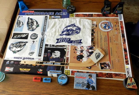 ALASKA ACES ECHL Hockey Team Noisemaker COWBELL Posters Towel Pucks Stick Decals Cover