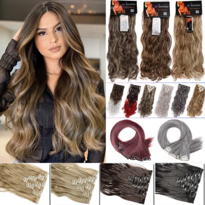 US 8 Pieces Clip In Hair Extensions Full Head Natural As Human Real Thick Wavy - Image 1 of 4
