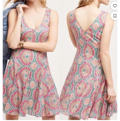 Anthropologie HD in Paris Dress Women Size 6 Pink Green Mandala Boho Flare - Image 1 of 4