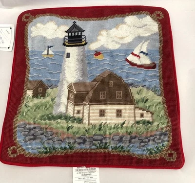 Vintage New Wool Needlepoint Lighthouse Ocean Scene Throw Pillow Cover 14x14” - Image 1 of 4