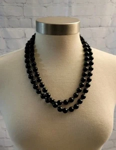 Beaded Long Necklace Black Acrylic Beads 24" Long Knotted - Picture 1 of 6