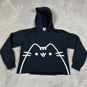 Pusheen Hoodie Womens Medium Black Cropped Cat Face Graphic Pullover 2018 Kawaii - Picture 1 of 16