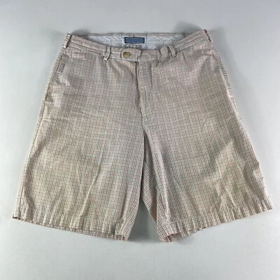 Pantalones Cortos Peter Millar Para Hombre 35” Chino Frente Plano Pima Algodón Naranja Cuadros Golf Foto 1 de 4