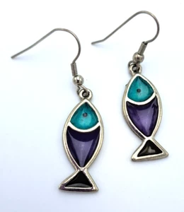 Cute Stained Glass Fish Earrings Dangle Drop Silver Metal Blue Purple Nautical - Picture 1 of 4