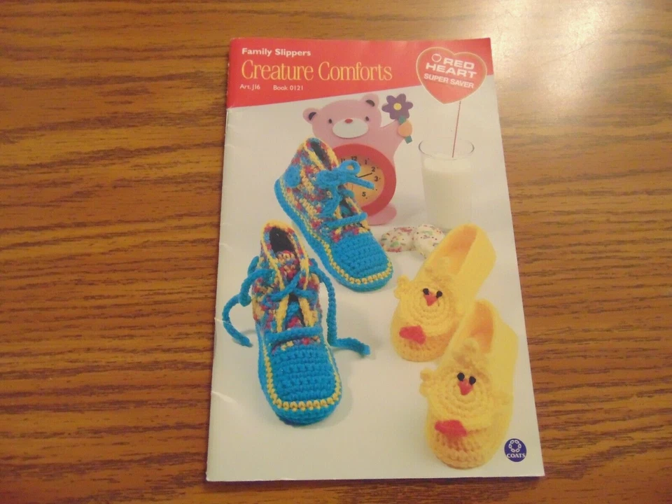 CREATURE COMFORTS ~ FAMILY SLIPPERS to Knit & Crochet Coats & Clark Booklet 0121 - Image 1 of 3