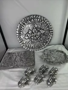 Pewter Easter Theme Lot, Serving Platters and 6 Bunny Napkin Rings Used - Picture 1 of 22
