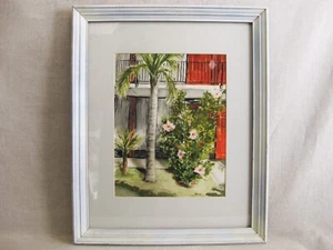 Vintage Tropical Landscape Watercolor Painting Framed Original Palm Trees - Picture 1 of 3