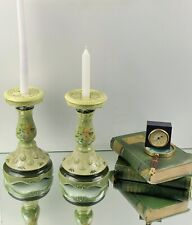 Pair of Tracy Porter Green Candlesticks with Foliage Pattern