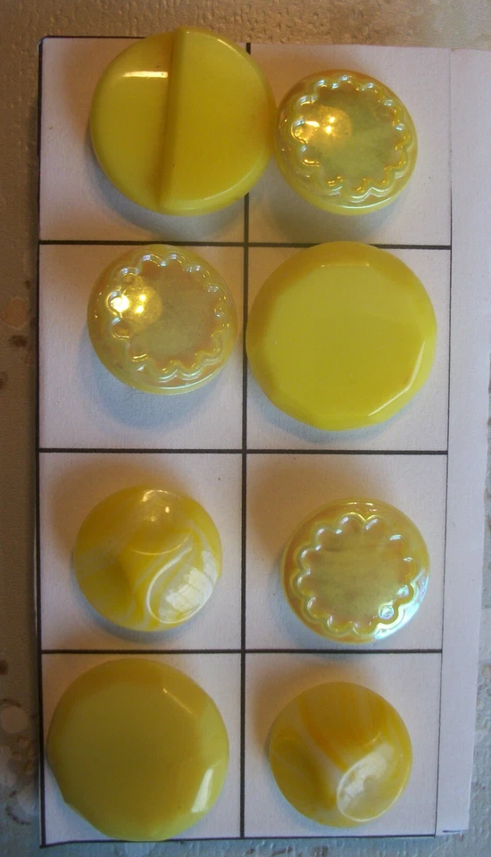 8 VINTAGE CZECH GLASS YELLOW  BUTTONS ~ DEFFERENT PATTERNS ~ NEW OLD STOCK - Image 1 of 1