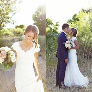 Modest Sheath Lace Cap Sleeves V Neck Garden Wedding Dress Bridal Gowns Newest - Picture 1 of 8